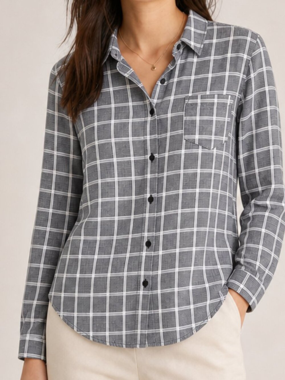 Love Notes Gray White Casual Office medium plaid roll tab sleeve blouse